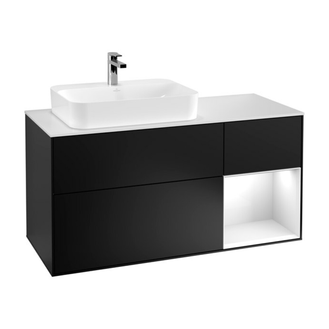 V&B Waschtischunterschrank Wandbeleuchtung Finion 120cm, Pl w m, Rg r g wh. Lac, bla m Lac