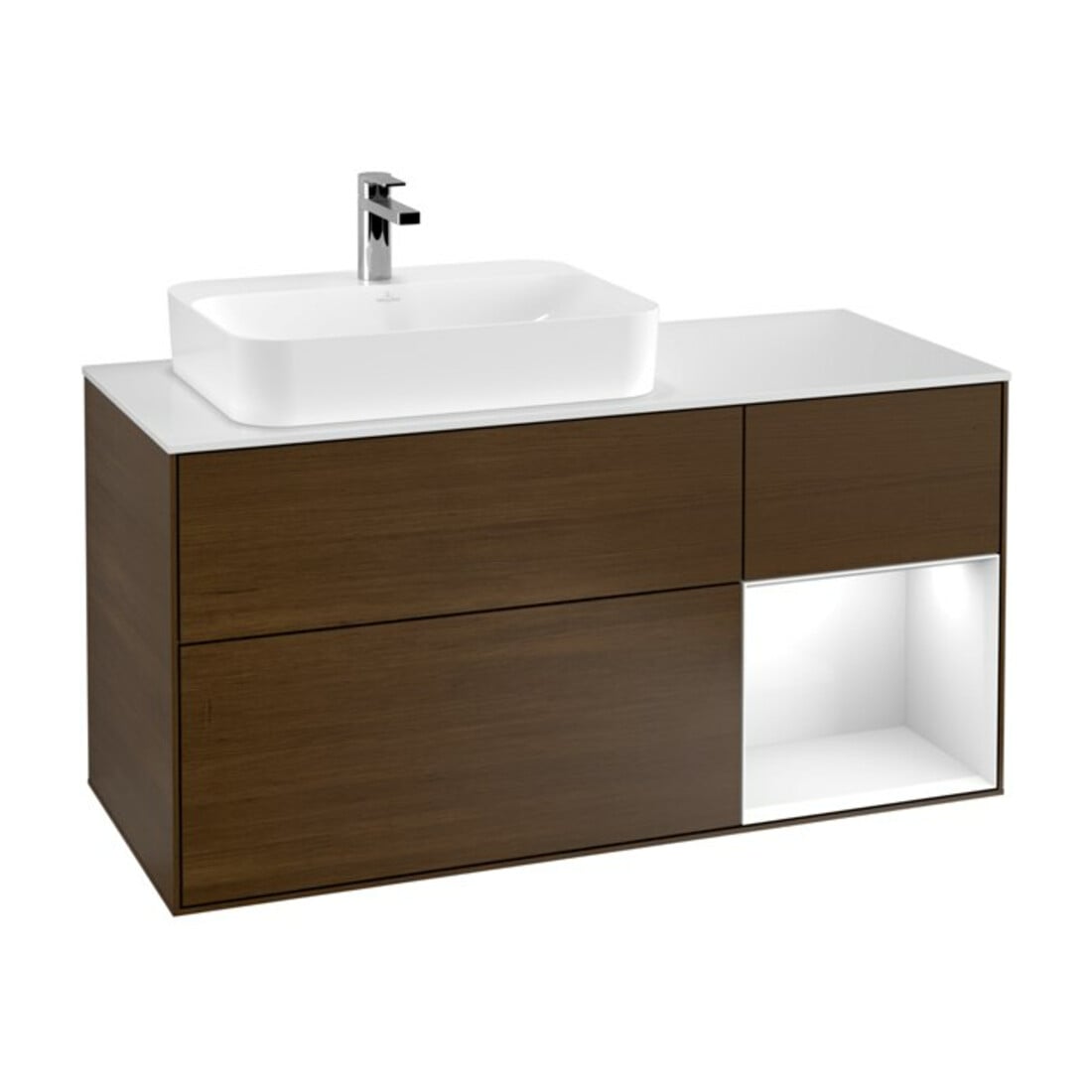 V&B Waschtischunterschrank Wandbeleuchtung Finion 120cm, Pl w m, Rg r glo wh. Lac, wal ven