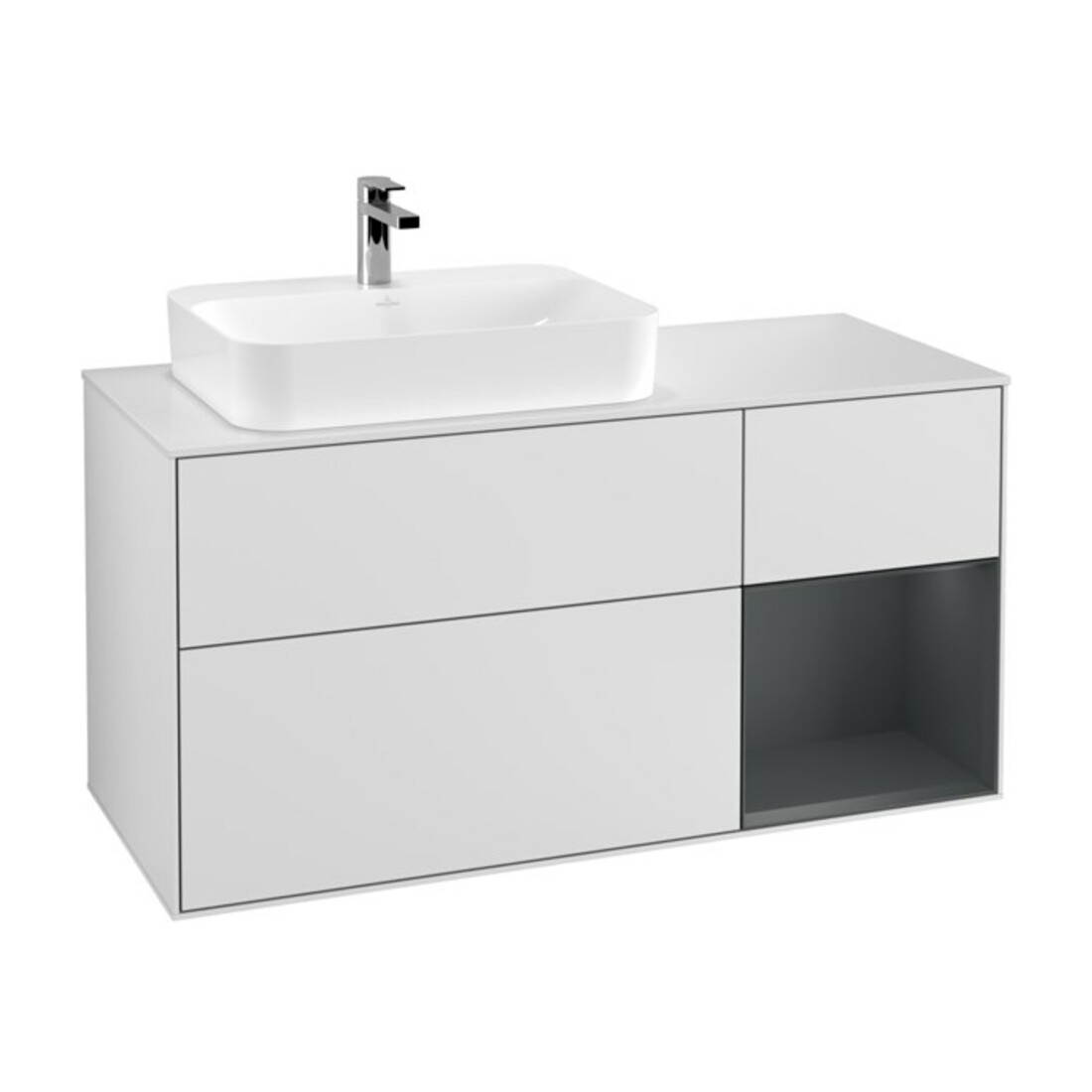 V&B Waschtischunterschrank Wandbeleuchtung Finion 120cm, Pl w m, Rg r md b m La, wh. m Lac