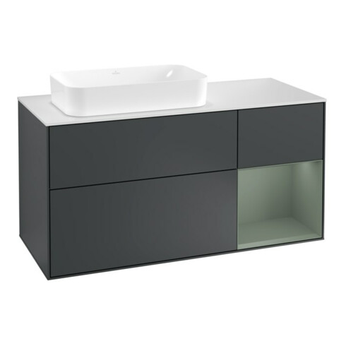 V&B Waschtischunterschrank Wandbeleuchtung Finion 120cm, Pl w m, Rg r Ol m La, md b m Lac