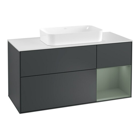 V&B Waschtischunterschrank Wandbeleuchtung Finion 120cm, Pl w m, Rg r Ol m La, md b m Lac