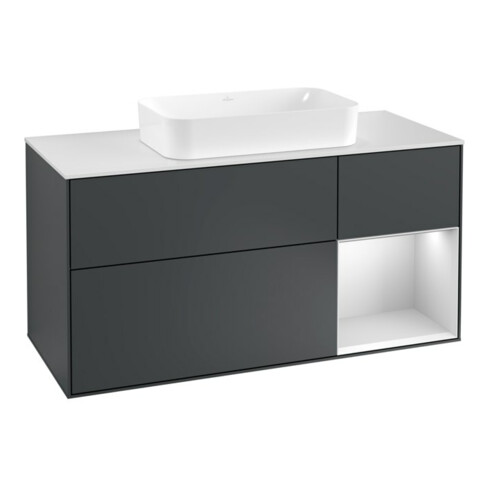 V&B Waschtischunterschrank Wandbeleuchtung Finion 120cm, Pl w m, Rg r w m La, md bl. m Lac