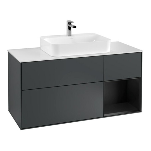V&B Waschtischunterschrank Wandbeleuchtung Finion 120cm, Pl w m, Rg re bla m, md bl. m Lac