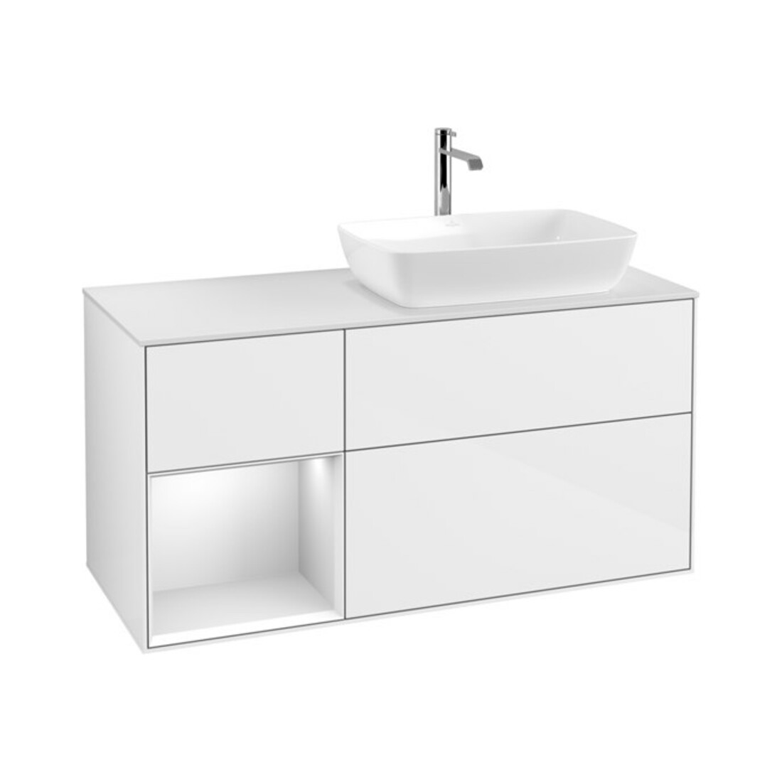 V&B Waschtischunterschrank Wandbeleuchtung Finion 120cm, Pl w m, Rg wh. m Lac, glo wh. Lac