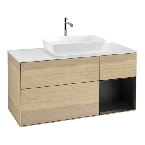 V&B Waschtischunterschrank Wandbeleuchtung Finion 120cm, Pl wh. m, Reg bla m Lac, Oa ven