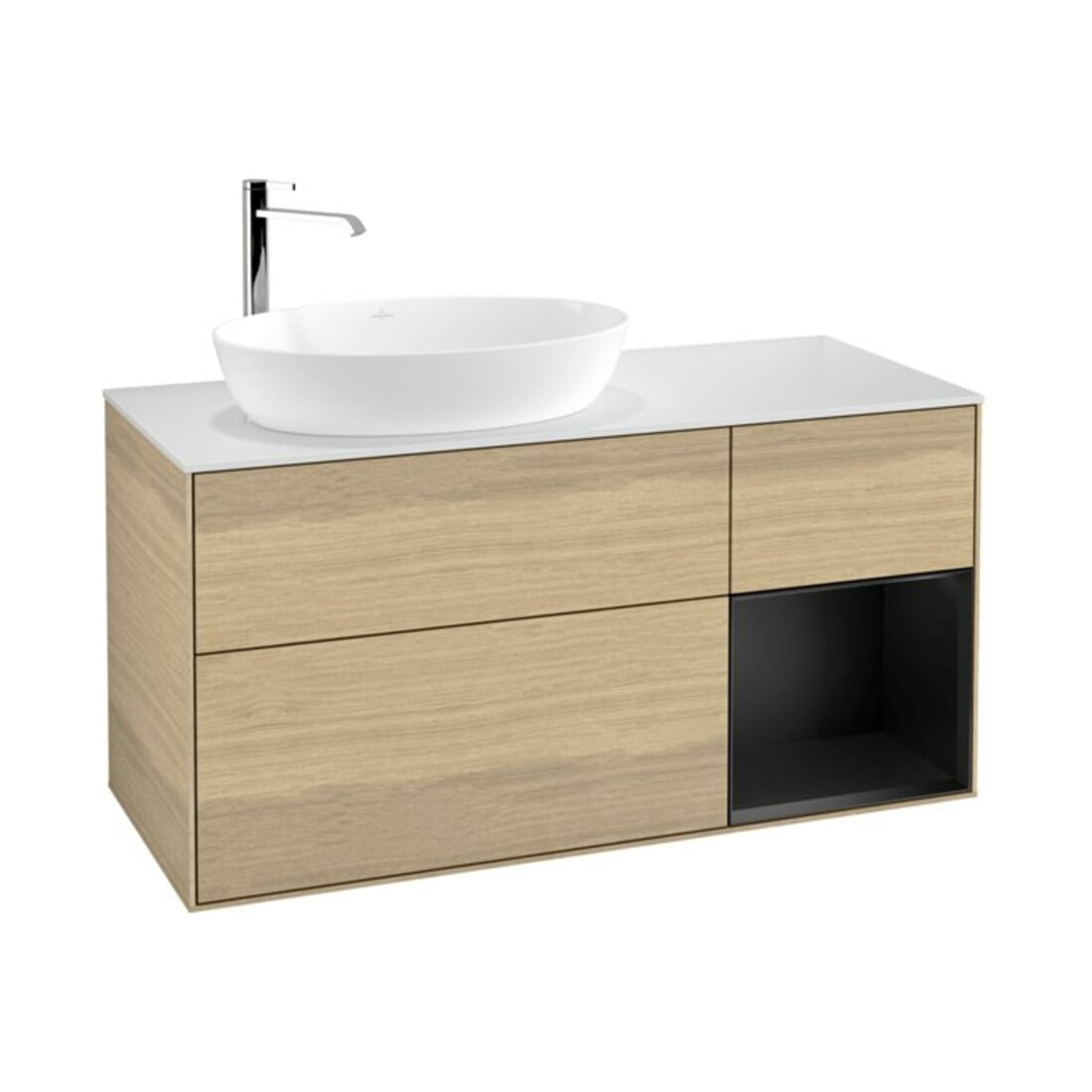 V&B Waschtischunterschrank Wandbeleuchtung Finion 120cm, Pl wh. m, Reg bla m Lac, Oa ven