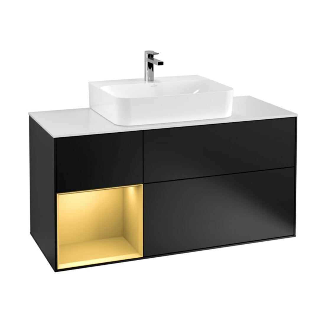 V&B Waschtischunterschrank Wandbeleuchtung Finion 120cm, Pl wh. m, Reg li gol m, bla m Lac
