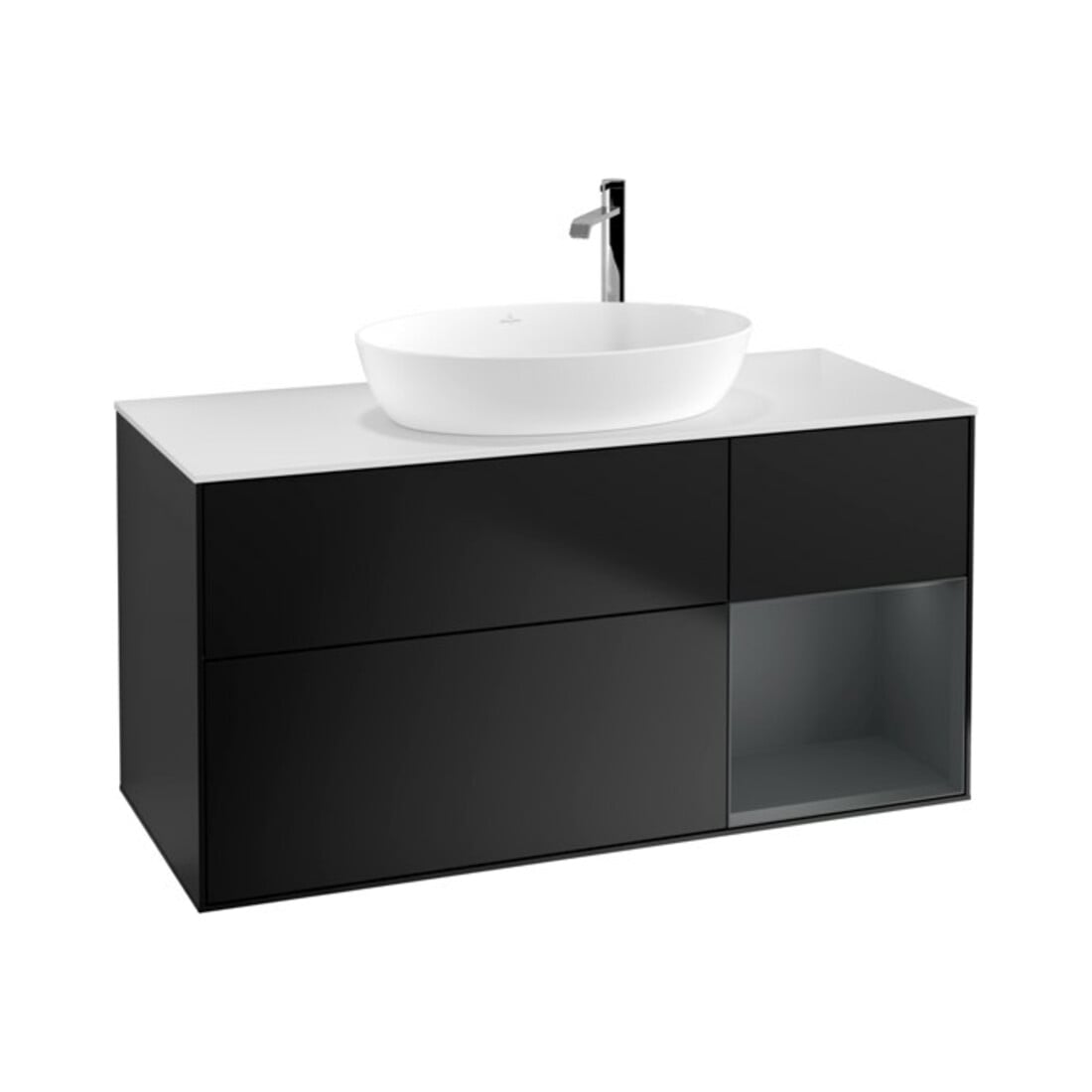 V&B Waschtischunterschrank Wandbeleuchtung Finion 120cm, Pl wh. m, Reg md m Lac, bla m Lac