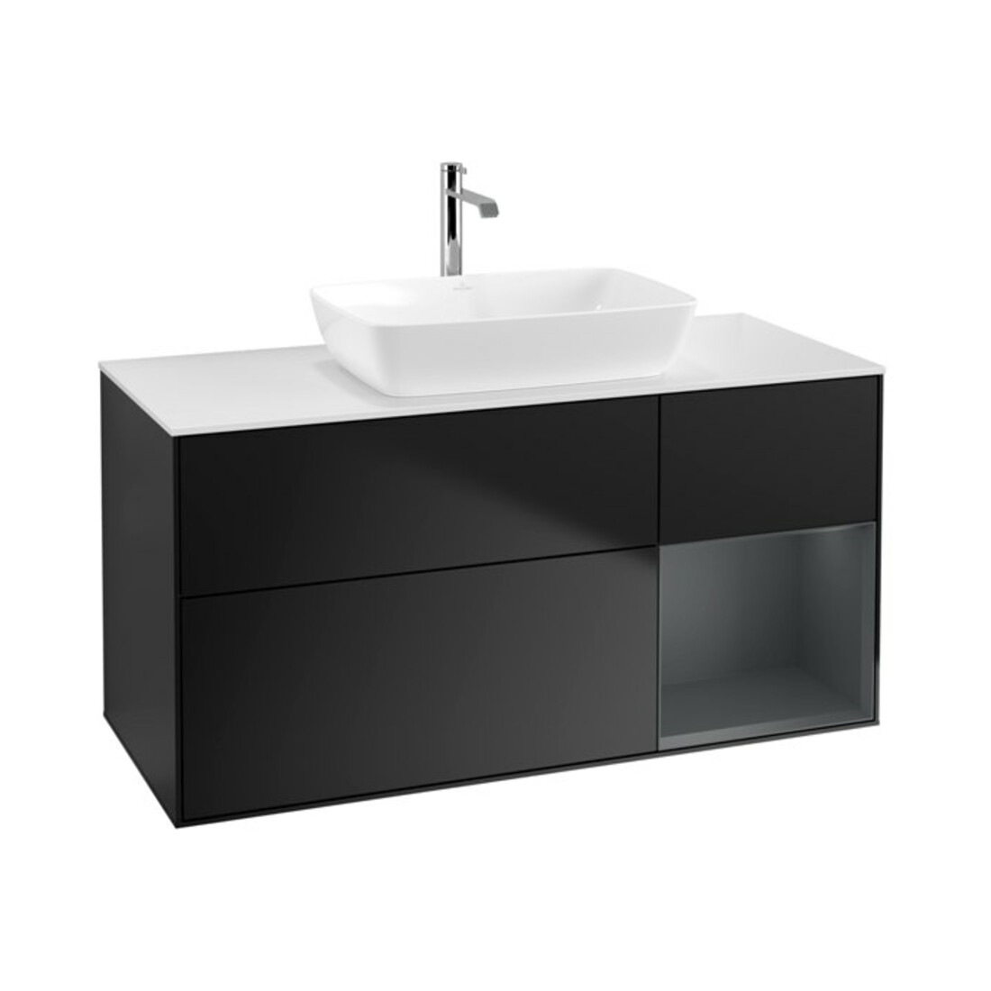 V&B Waschtischunterschrank Wandbeleuchtung Finion 120cm, Pl wh. m, Reg md m Lac, bla m Lac
