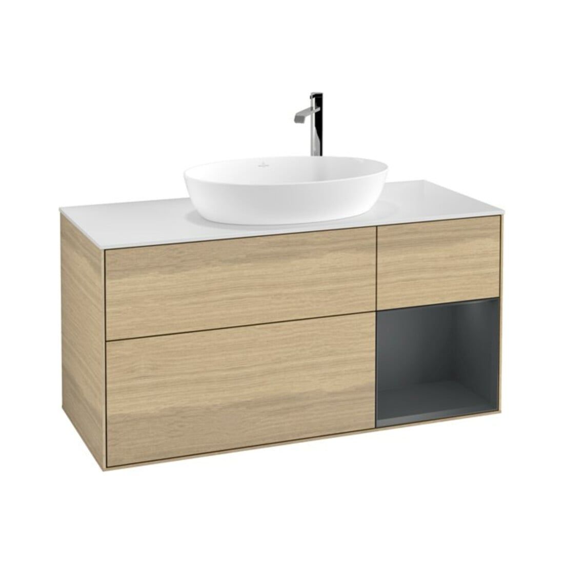 V&B Waschtischunterschrank Wandbeleuchtung Finion 120cm, Pl wh. m, Reg md m Lac, Oa ven