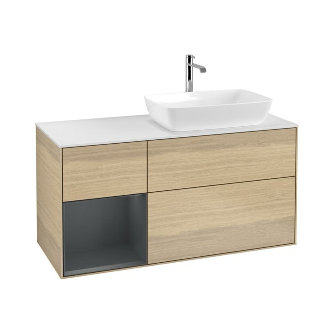 V&B Waschtischunterschrank Wandbeleuchtung Finion 120cm, Pl wh. m, Reg md m Lac, Oa ven