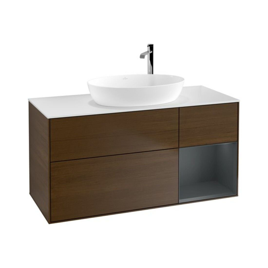V&B Waschtischunterschrank Wandbeleuchtung Finion 120cm, Pl wh. m, Reg md m Lac, wal ven