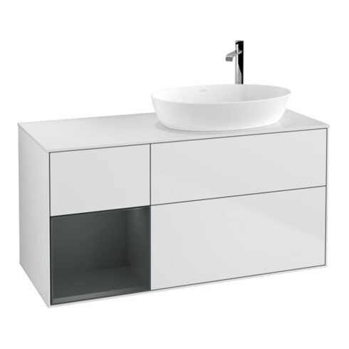 V&B Waschtischunterschrank Wandbeleuchtung Finion 120cm, Pl wh. m, Reg md m Lac, wh. m Lac
