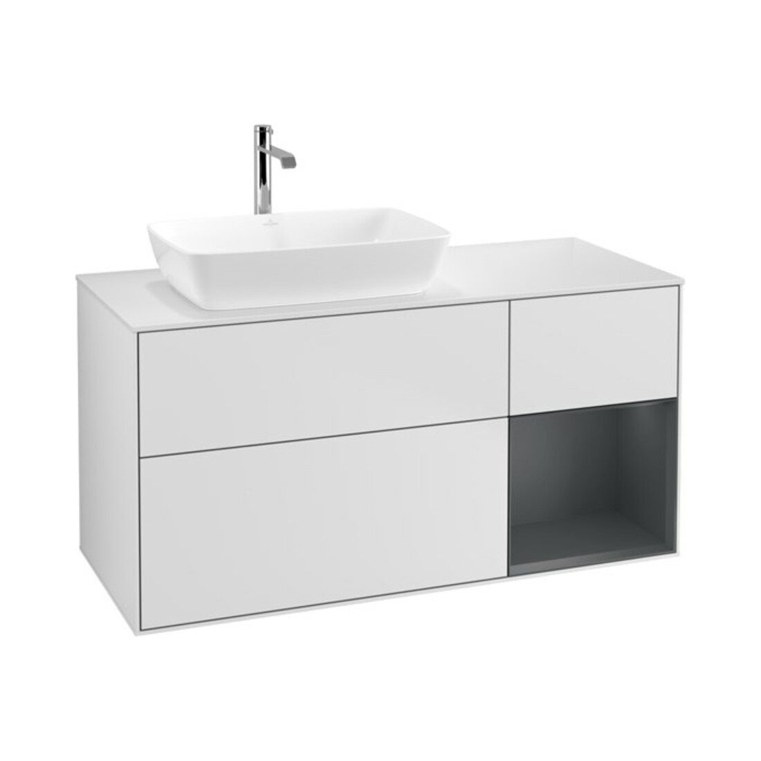 V&B Waschtischunterschrank Wandbeleuchtung Finion 120cm, Pl wh. m, Reg md m Lac, wh. m Lac