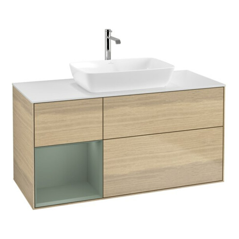 V&B Waschtischunterschrank Wandbeleuchtung Finion 120cm, Pl wh. m, Reg Oli. m Lac, Oa ven