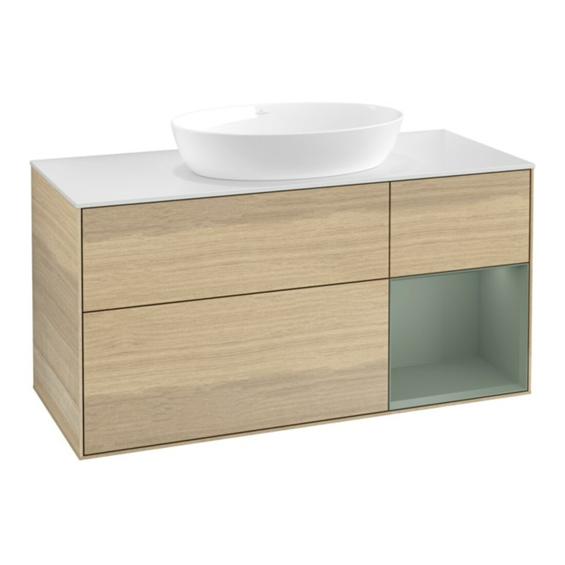 V&B Waschtischunterschrank Wandbeleuchtung Finion 120cm, Pl wh. m, Reg Oli. m Lac, Oa ven