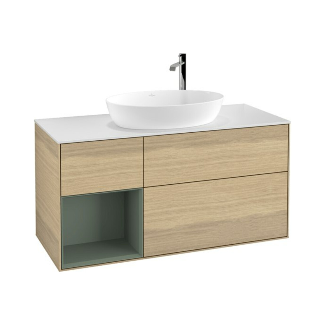 V&B Waschtischunterschrank Wandbeleuchtung Finion 120cm, Pl wh. m, Reg Oli. m Lac, Oa ven