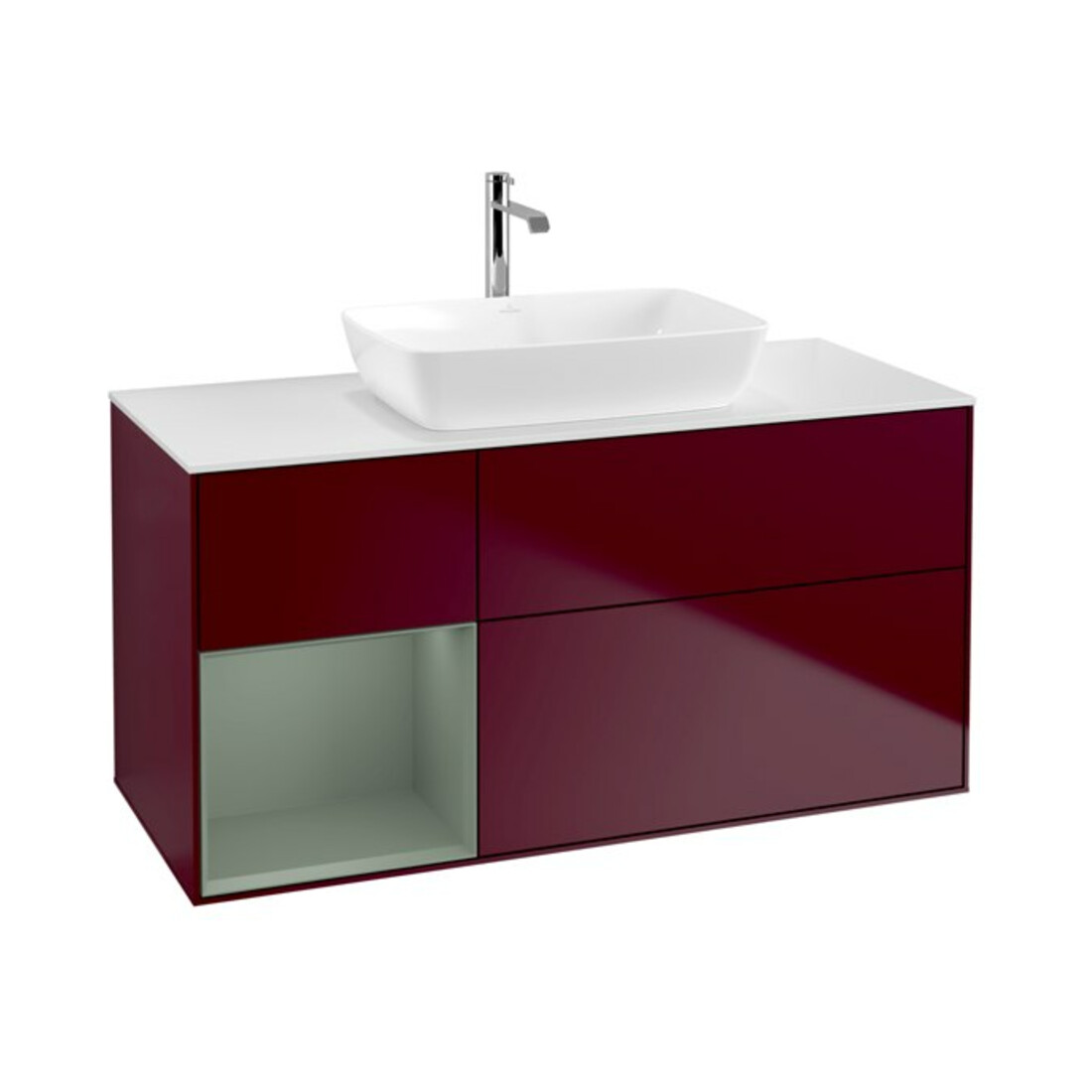 V&B Waschtischunterschrank Wandbeleuchtung Finion 120cm, Pl wh. m, Reg Oli. m Lac, Peo m