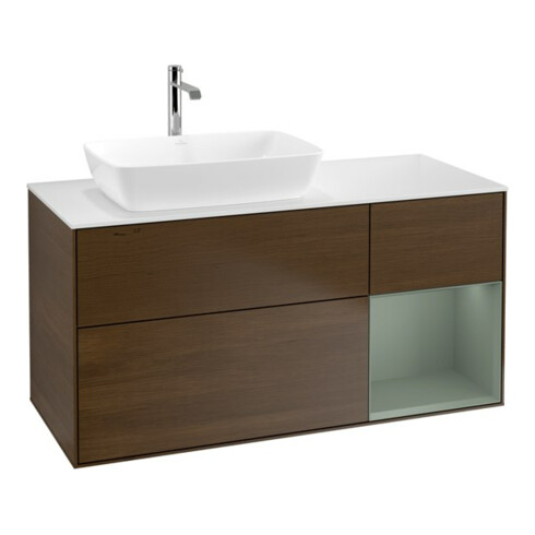 V&B Waschtischunterschrank Wandbeleuchtung Finion 120cm, Pl wh. m, Reg Oli. m Lac, wal ven
