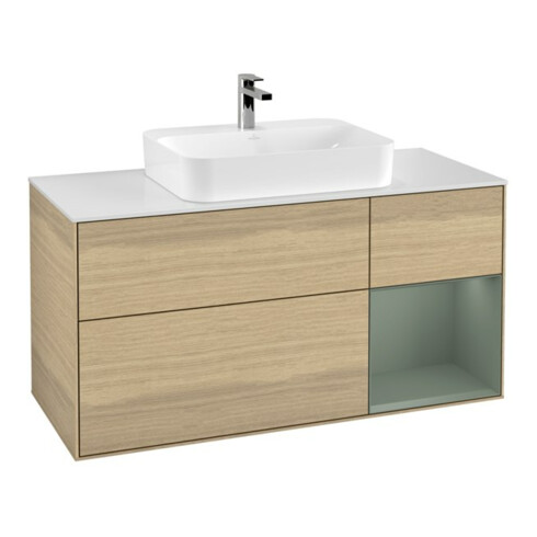 V&B Waschtischunterschrank Wandbeleuchtung Finion 120cm, Pl wh. m, Reg re Oli. m, Oa ven