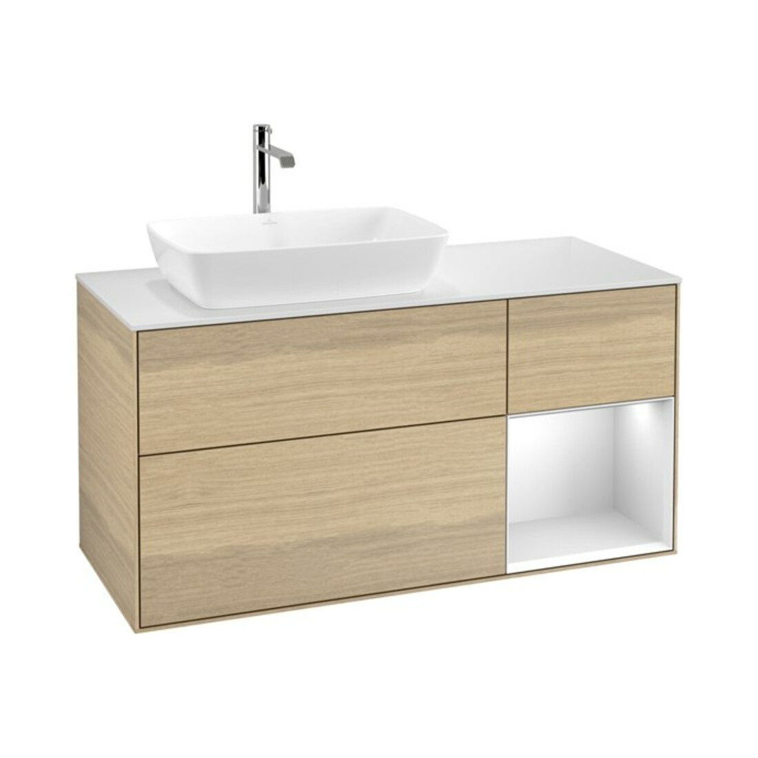 V&B Waschtischunterschrank Wandbeleuchtung Finion 120cm, Pl wh. m, Reg wh. m Lac, Oa ven