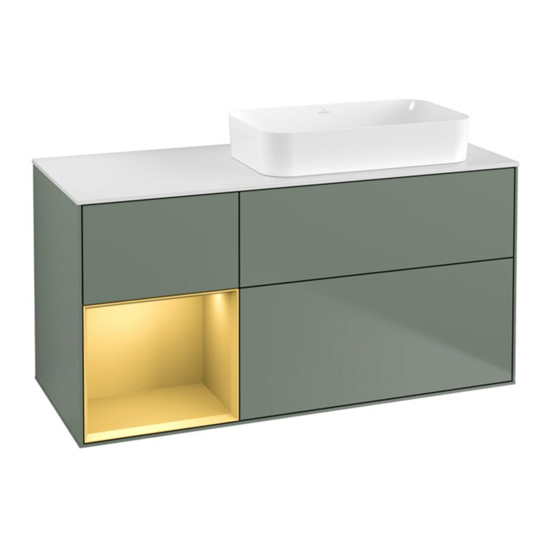 V&B Waschtischunterschrank Wandbeleuchtung Finion 120x60 cm, Reg li gol m, Oli. m Lacquer