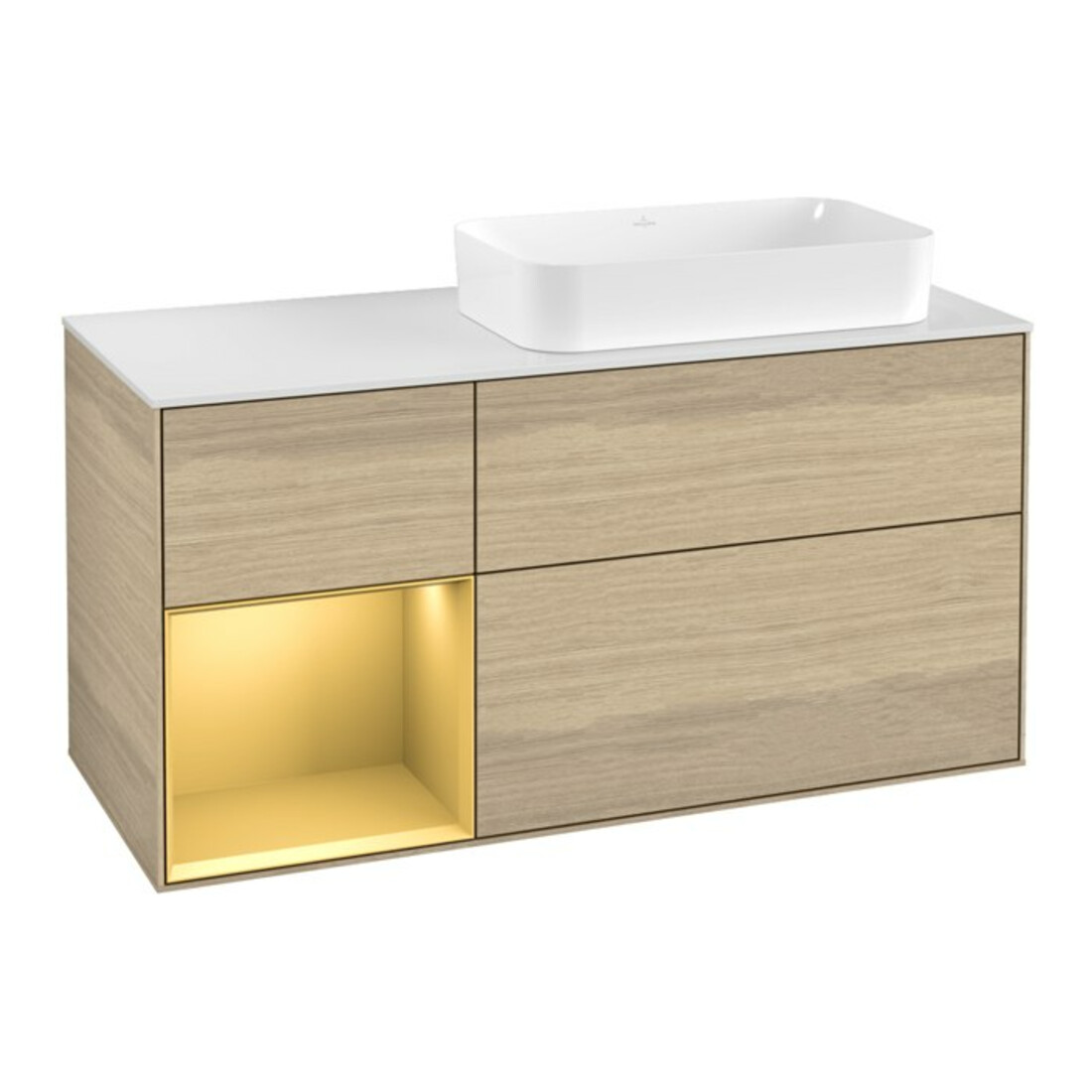 V&B Waschtischunterschrank Wandbeleuchtung Finion 120x60 cm, Reg li Gold matt, Oak Veneer