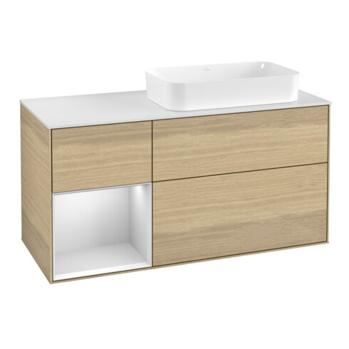 V&B Waschtischunterschrank Wandbeleuchtung Finion 120x60 cm, Reg li wh. m Lac, Oak Veneer