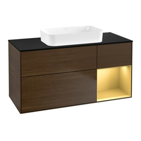 V&B Waschtischunterschrank Wandbeleuchtung Finion 120x60 cm, Reg re gol m, Walnut veneer