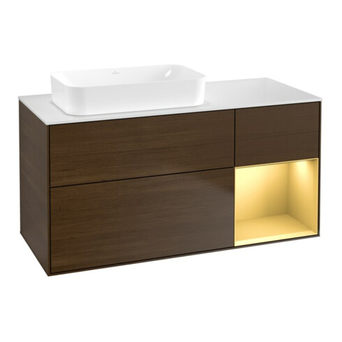 V&B Waschtischunterschrank Wandbeleuchtung Finion 120x60 cm, Reg re gol m, Walnut veneer