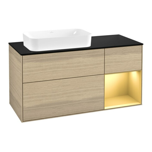 V&B Waschtischunterschrank Wandbeleuchtung Finion 120x60 cm, Reg re Gold matt, Oak Veneer