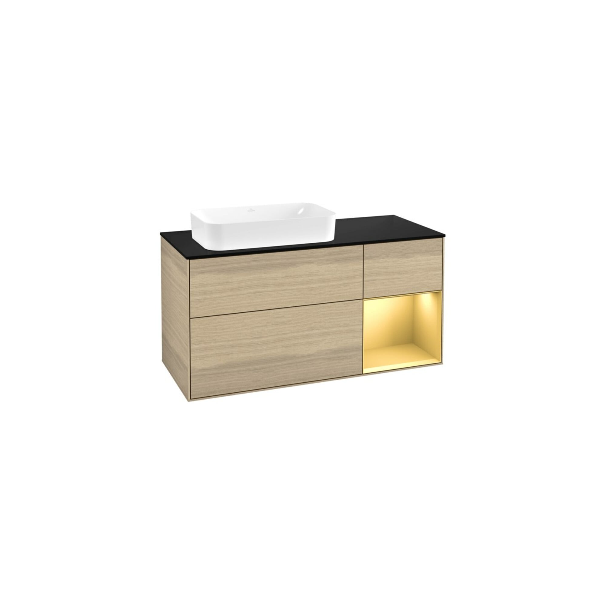 V&B Waschtischunterschrank Wandbeleuchtung Finion 120x60 cm, Reg re Gold matt, Oak Veneer ; Villeroy & Boch