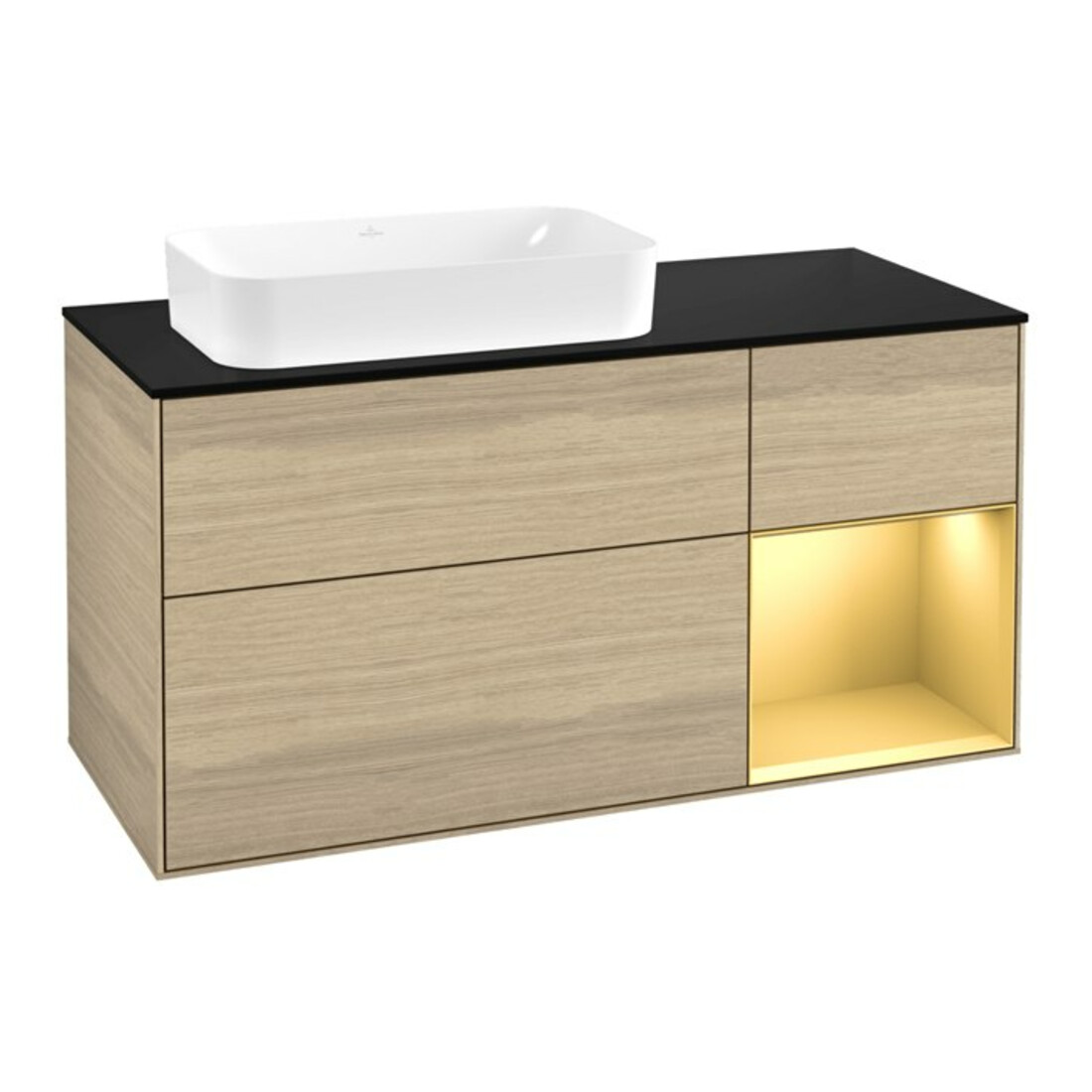V&B Waschtischunterschrank Wandbeleuchtung Finion 120x60 cm, Reg re Gold matt, Oak Veneer