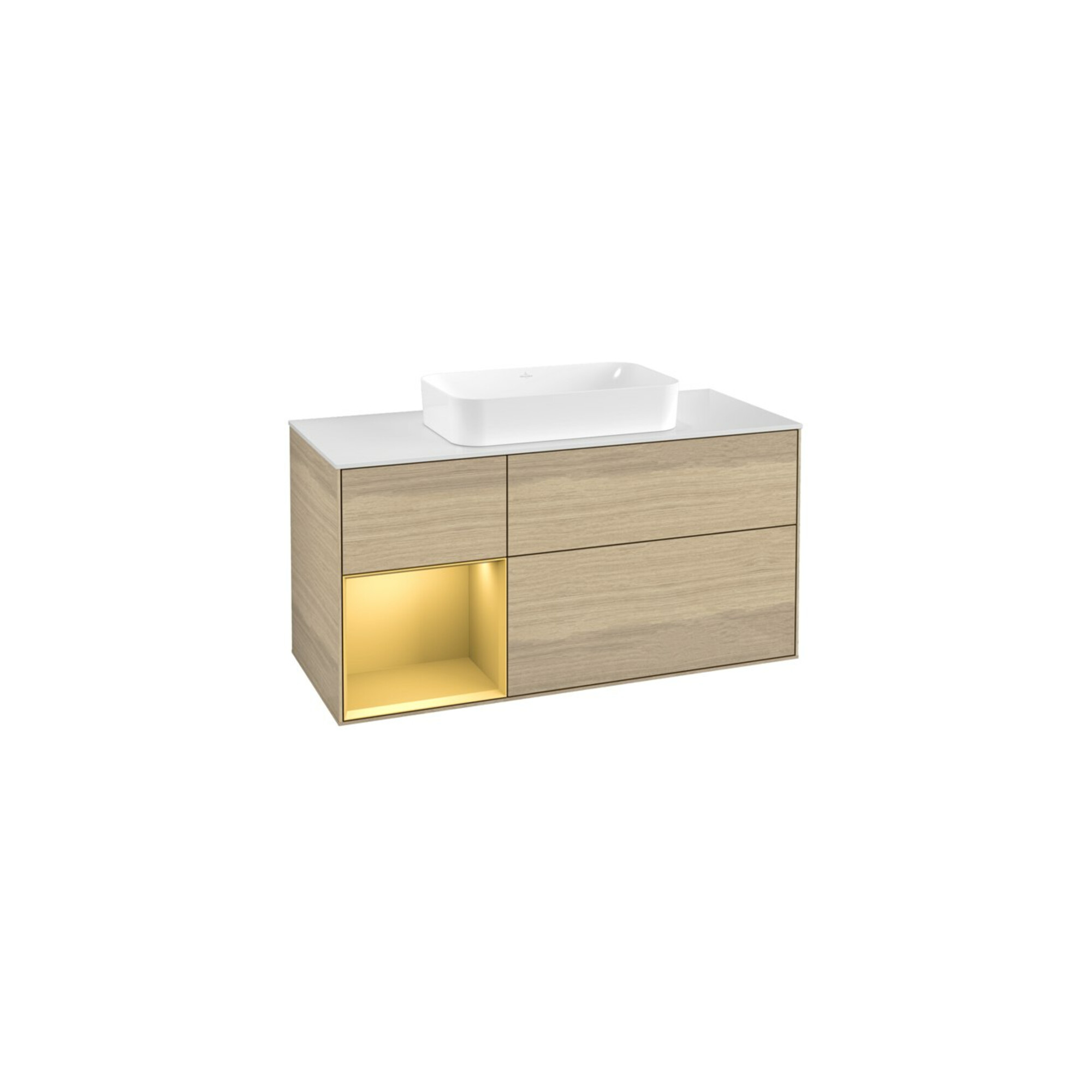 V&B Waschtischunterschrank Wandbeleuchtung Finion 120x60 cm, Reg re Gold matt, Oak Veneer ; Villeroy & Boch