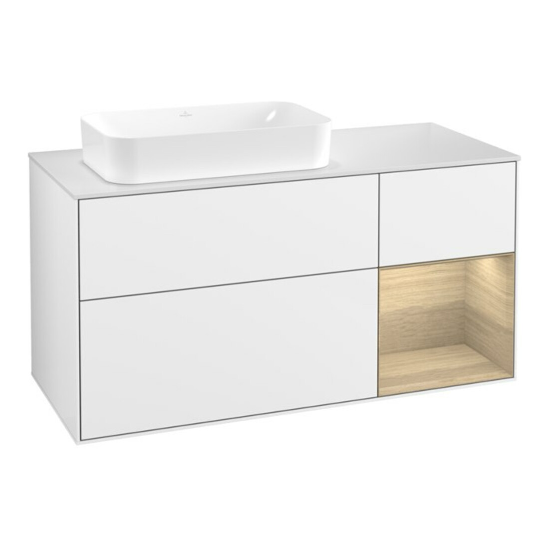 V&B Waschtischunterschrank Wandbeleuchtung Finion 120x60 cm, Reg re Oa ven, glo wh. Lac