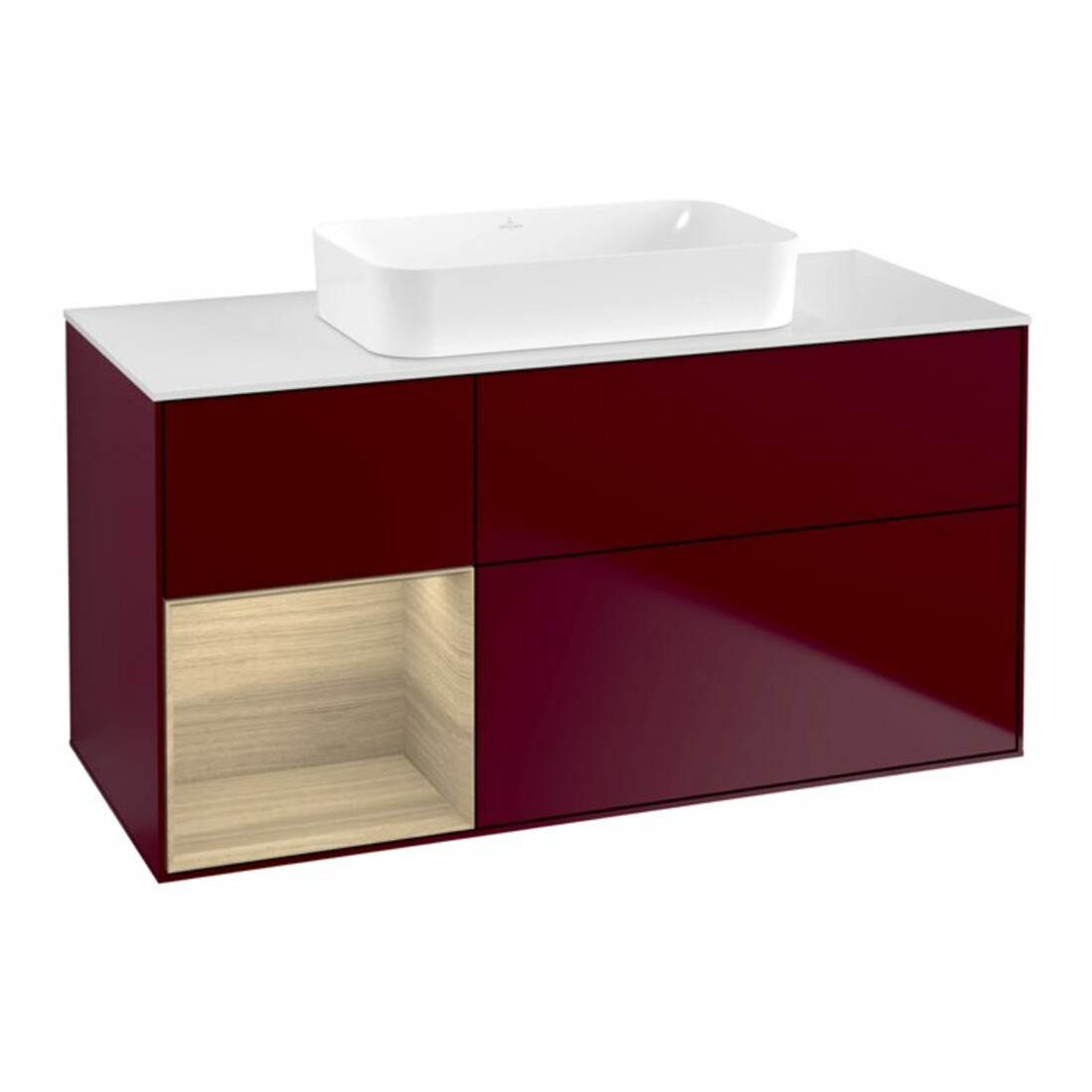 V&B Waschtischunterschrank Wandbeleuchtung Finion 120x60 cm, Reg re Oak Veneer, Peony Matt