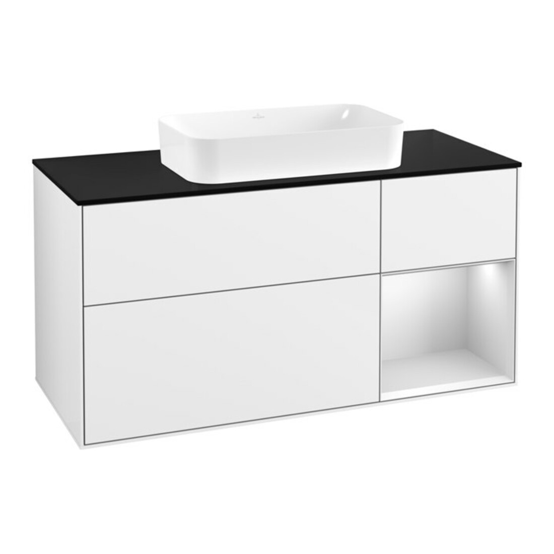V&B Waschtischunterschrank Wandbeleuchtung Finion 120x60 cm, Reg re wh. m Lac, glo wh. Lac