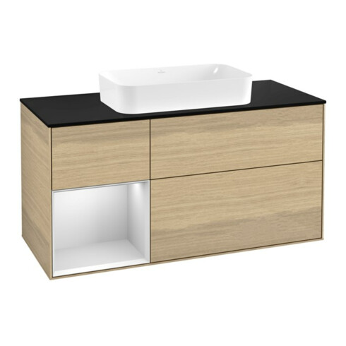 V&B Waschtischunterschrank Wandbeleuchtung Finion 120x60 cm, Reg re wh. m Lac, Oak Veneer