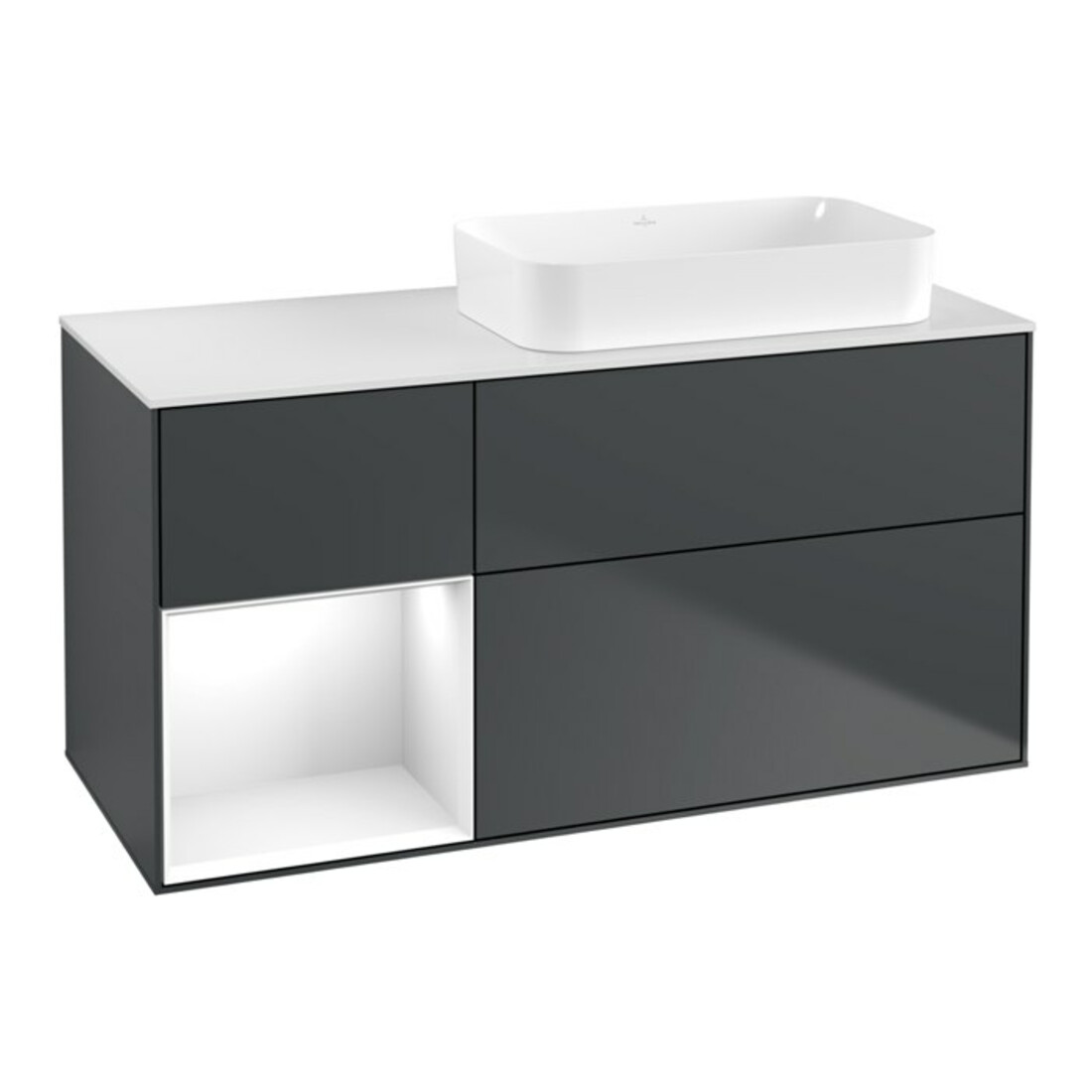 V&B Waschtischunterschrank Wandbeleuchtung Finion 120x60 cm, Rg l g wh. Lac, md bl. m Lac