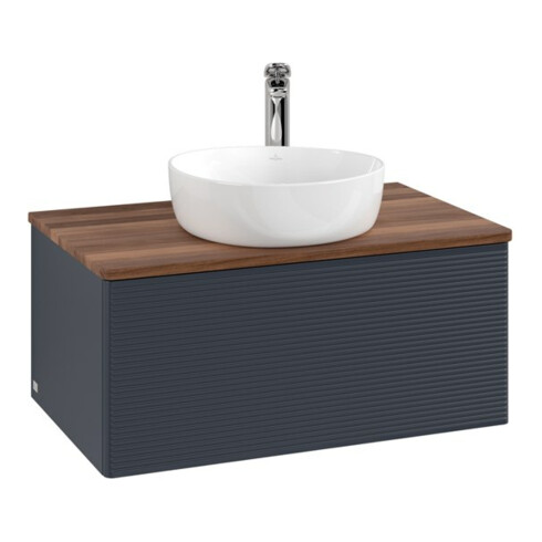 V&B Waschtischunterschrank mit Frontstruktur -Beleuchtung Antao 80x36x50cm, HL, WBP w. wal, md bl. m Lac
