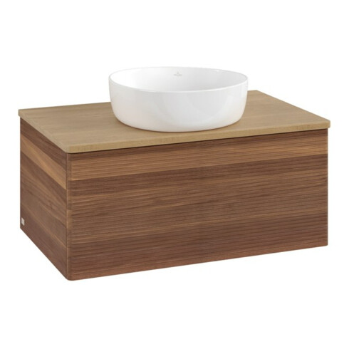 V&B Waschtischunterschrank mit Frontstruktur -Beleuchtung Antao 80x36x50cm, WBP-farbe hon. Oa, w. walnut