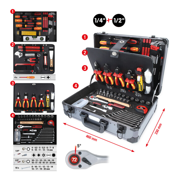 Valise d'électricien KS Tools 1/4" + 1/2“ 128 pièces