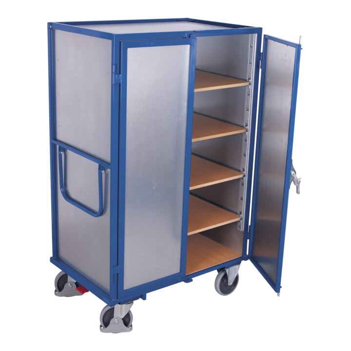 VARIOfit Chariot à étages soudé fixe 1 045 × 685 mm parois en tôle d'acier 4 étagères porte double battant avec fermeture Basquille