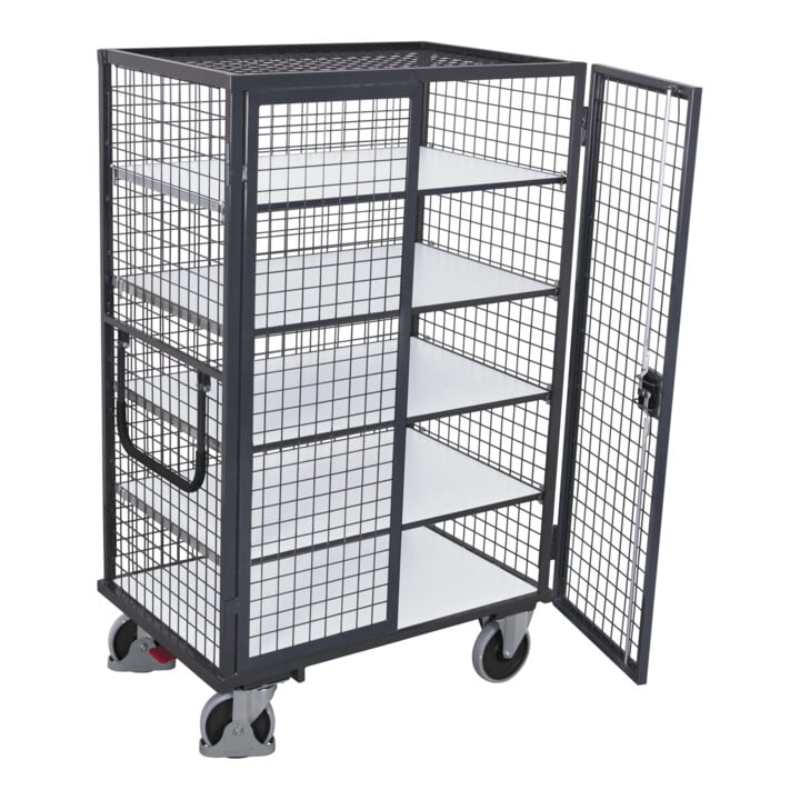 VARIOfit Chariot ESD à étages soudé fixe 1,045 × 685 mm, parois en grillage, porte double battant