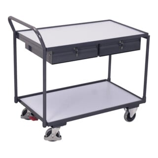 VARIOfit ESD Chariot de table avec 2 plateaux et 2 tiroirs, poignée coulissante vers le haut, 985 × 605 mm