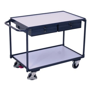 VARIOfit ESD Tischwagen mit 2 Ladeflächen und 2 Schubladen Schiebegriff nach oben gerichtet 985 x 605  mm