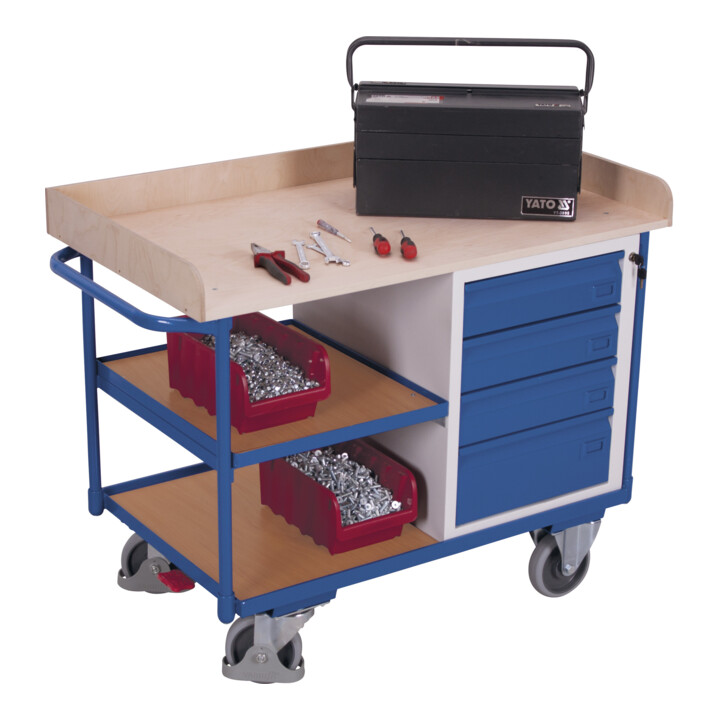 VARIOfit Servante d’atelier avec 3 plateaux, plateau inclus et 4 tiroirs