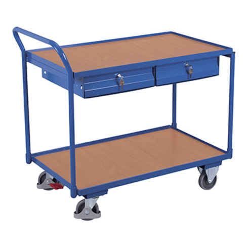 VARIOfit Tischwagen mit 2 Ladeflächen und 2 Schubladen, Schiebegriff waagerecht