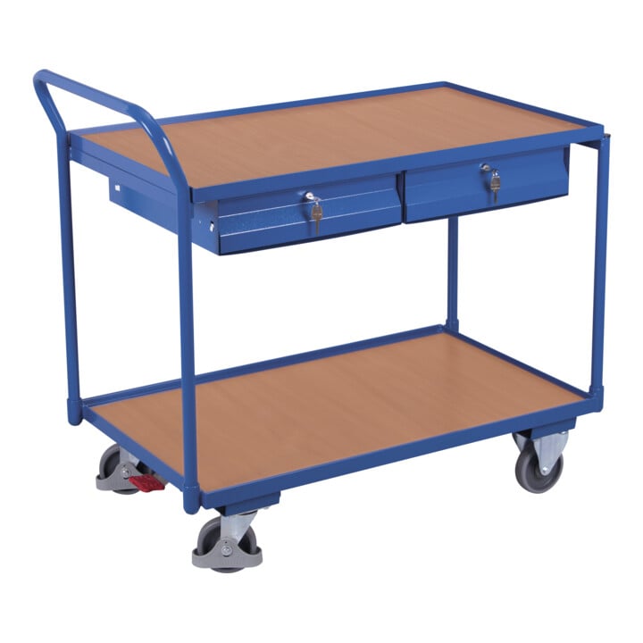 VARIOfit Tischwagen mit 2 Ladeflächen und 2 Schubladen Schiebegriff nach oben gerichtet