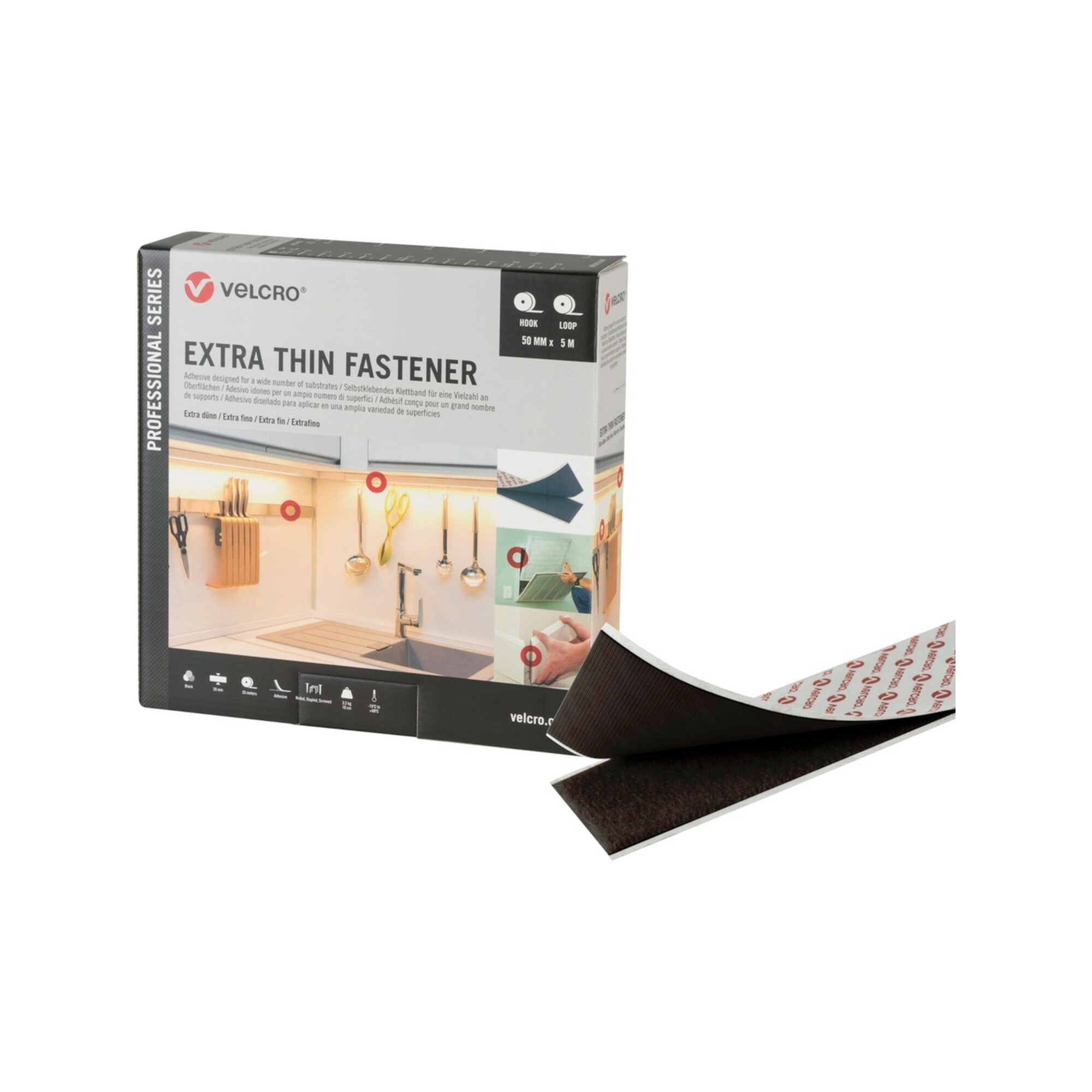 VELCRO Klettband Extra Thin Fastener 5m Hakenband+Flauschband 50mm Schwarz
